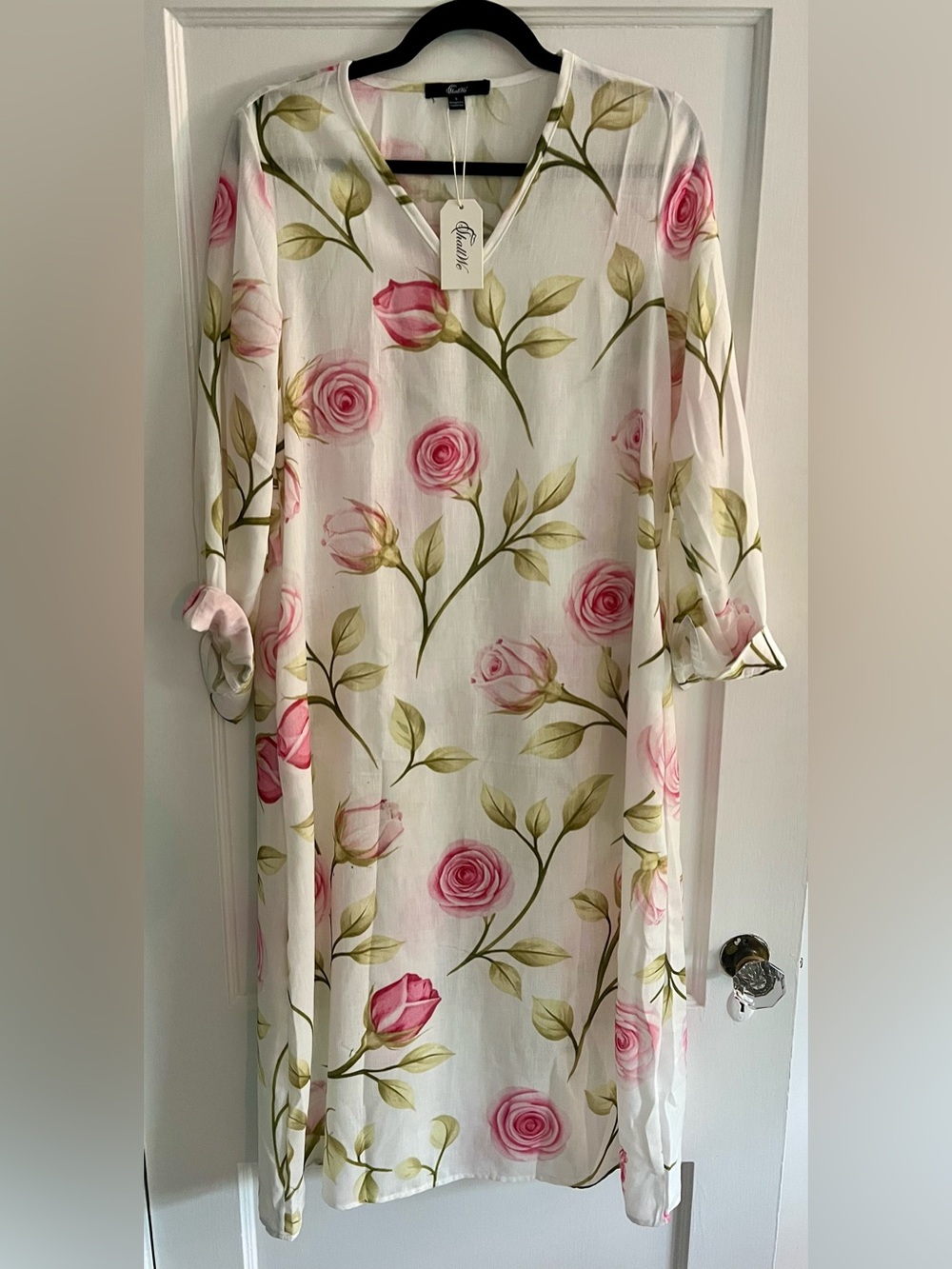 ShallWe, White Dress with Pink Rose Print and Green Leaves